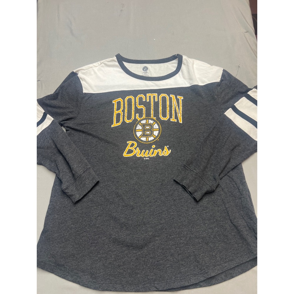 Official NHL Boston Bruins Womens Long Sleeve Shirt Gray White Medium M 8/10